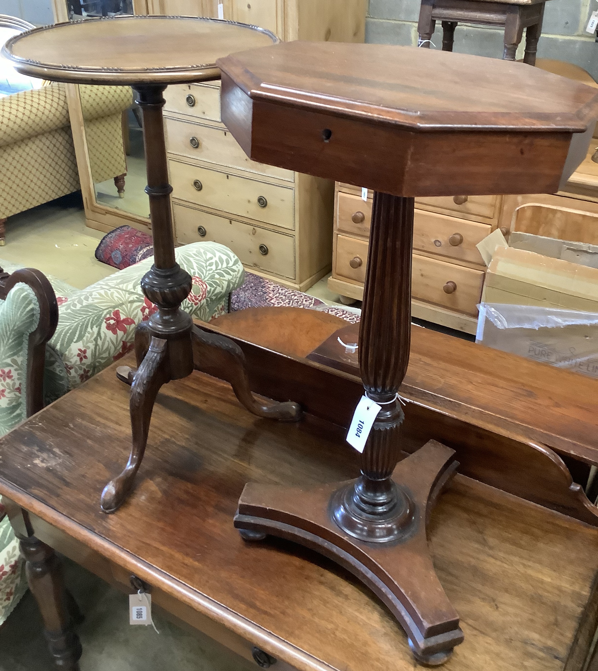 An octagonal mahogany wine / side table, width 40cm, height 74cm together with a mahogany wine table with shaped border